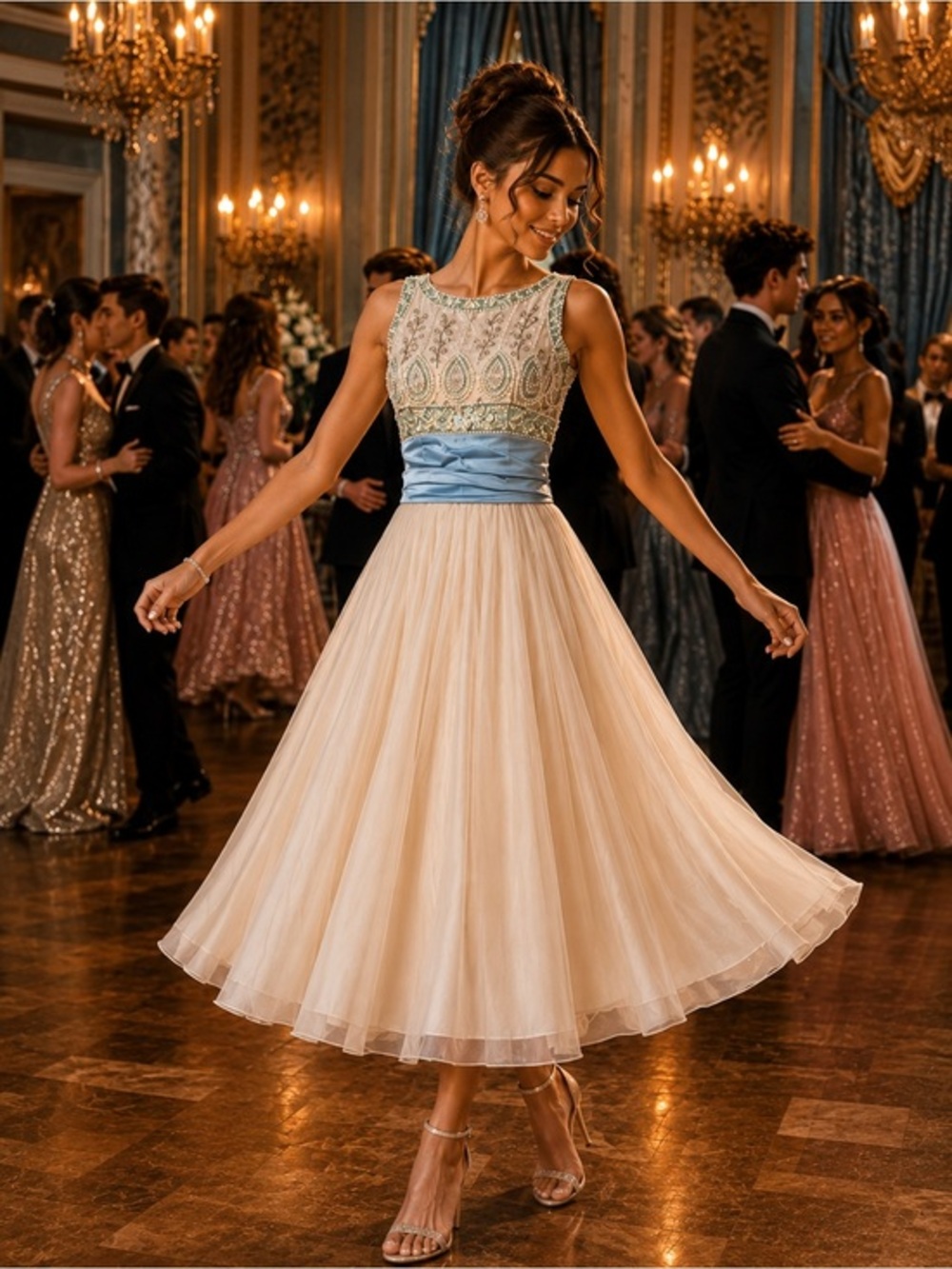 Embellished Bodice Tea-Length Tulle Dress with Blue Sash